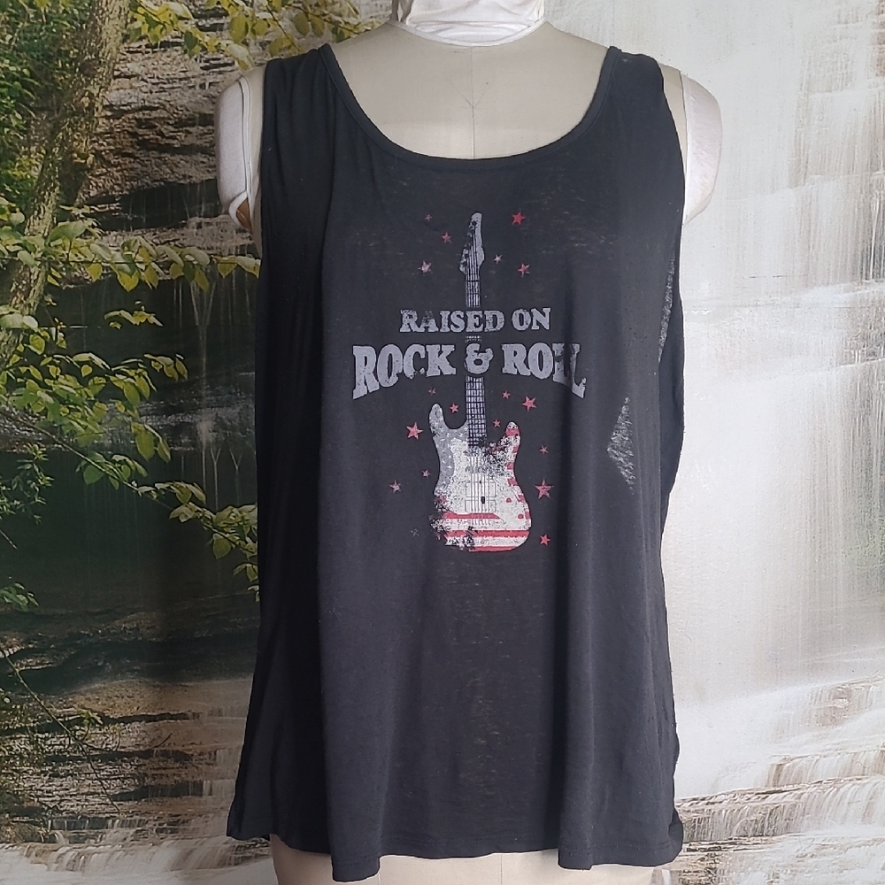 Maurices Womens 3X Retro Distressed Black Rock & Roll Twist Open Back Tank Top